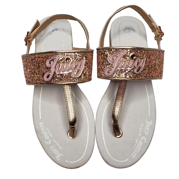 Juicy Couture | Dana Point Rose Gold Glitter Open Toe Thong Sandals Girl's 4 - Picture 1 of 12